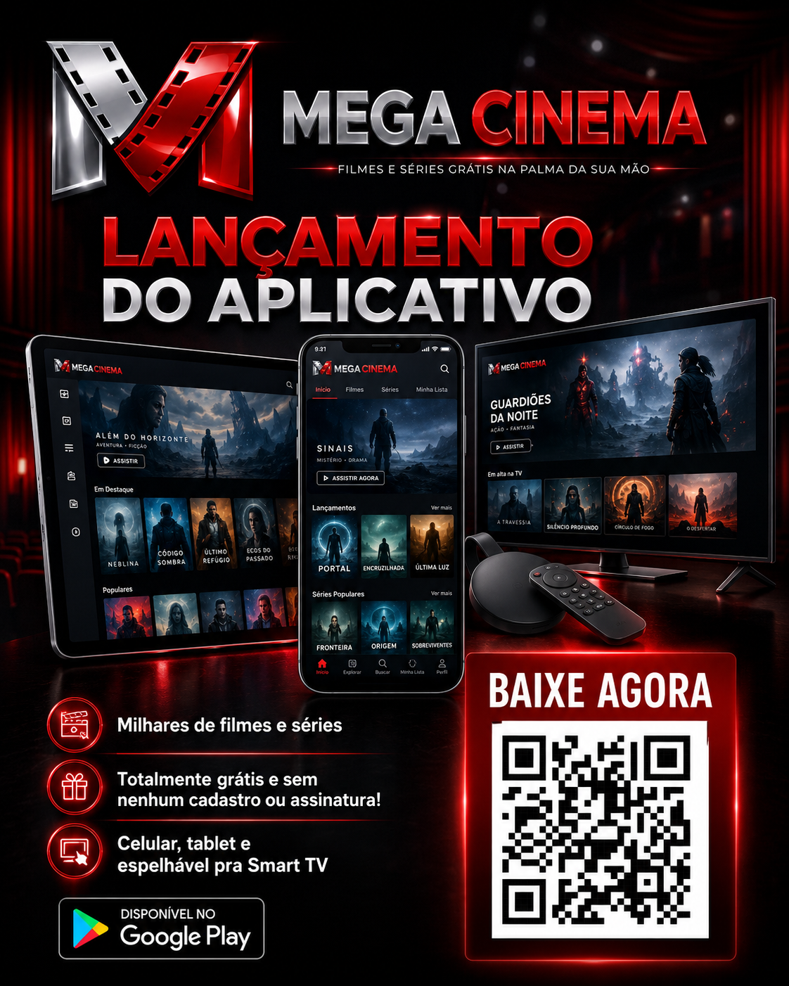 Divulgação do aplicativo Mega Cinema com celular, tablet, Smart TV e QR Code