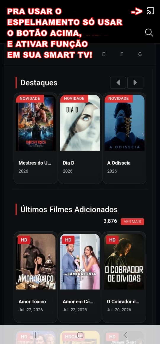 Imagem indicando o botão de espelhamento do aplicativo Mega Cinema
